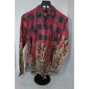 One 24 Rags Womens Large Red Plaid Leopard Print Acid Wash Frayed Hem Shirt